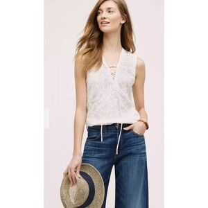 MAEVE Anthropologie Embroidered Sleeveless Blouse Lace Up Ivory Cottagecore Sz 0